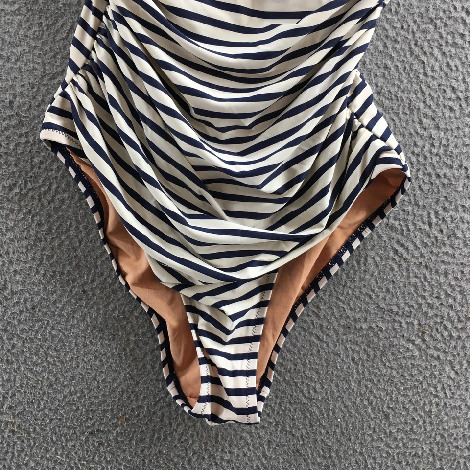 J Crew One Piece Swimsuit Womens 8 Blue White Stripe One Shoulder Ruched Casual - Image 4 of 4