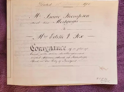 1908 Isaac Thompson Baumeister Edith Fox Land Häuser Iddesleigh Bradford Indenture