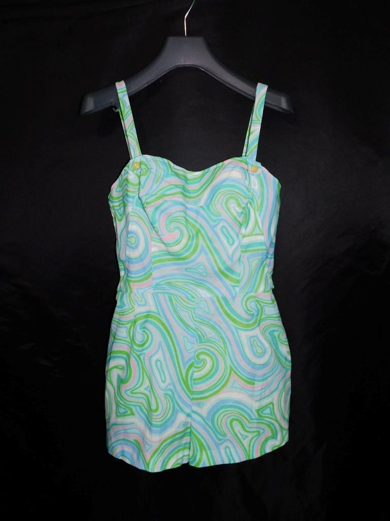 Vtg 60s Gabar XS Green Pink Purple Romper Beach Swimsuit One Piece Psychedelic