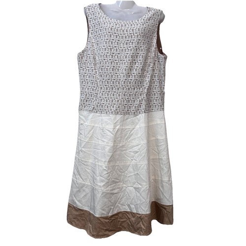 Anne Klein 14 White Crochet Lace Panel Beige Stripe Sleeveless Dress