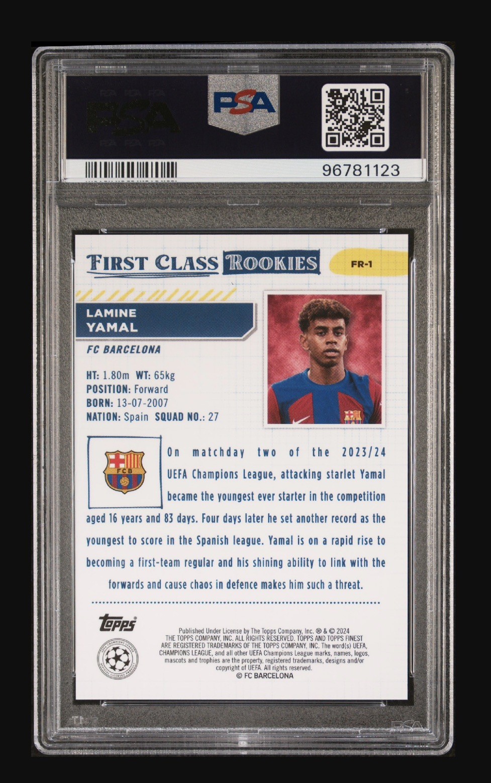 LAMINE YAMAL RC 2023 Topps Finest UCC #FR1 FIRST CLASS ROOKIE BLUE PSA 10 Pop 55 view 2
