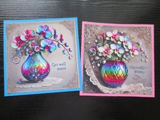 SALE ==    2 x GET WELL SOON/ COLOURED VASE WITH ORCHIDS Hand Made Card Toppers