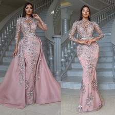 Exquisite Pink Ball Gown Long Sleeved Beaded Lace Tassel Crystal Evening Dress