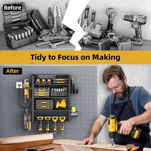 Wood-Metal Power Tool Organizer Wall Mount with 5 Charging Station, 3 Tier - Picture 2 of 7