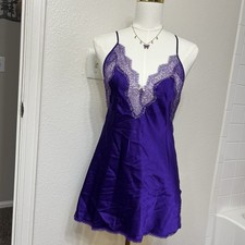Victoria  s Secret Dark Purple Satin Lace Lingerie Slip Dress Silky Bow Night S