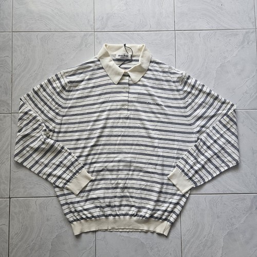 MIU MIU  White Striped Knitted Cotton Polo Longsleeve Shirt Size 46 Large