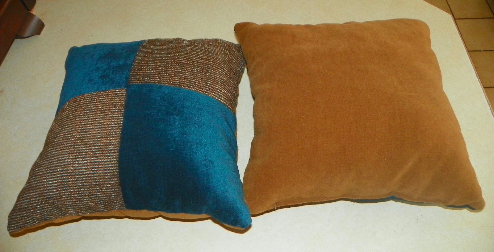 Pair of Teal Brown Patchwork Print Decorative Throw Pillows 16 x 16