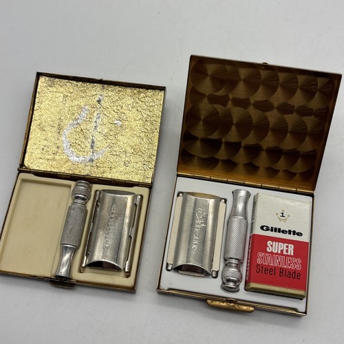 Vintage Gillette Stainless Steel Shaving Razor Case, 2 Razors 1 Blade Total