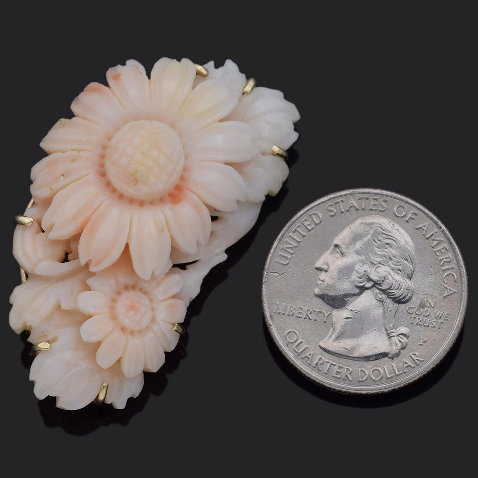 Antiguo broche prendedor tallado floral coral piel de ángel de oro amarillo de 14 quilates Foto 4 de 4