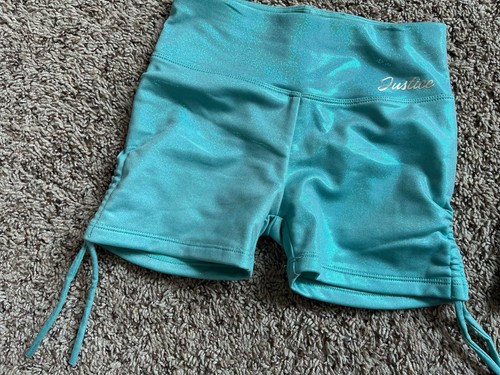 Justice Girls Gymnastics Dance Shorts Cinch S (7/8) Green Shimmer Black Lot Of 2 - Picture 3 of 4
