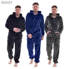 Mens Luxury Flannel Fleece Hooded Pyjamas Twosies Crew Neck Lounge Set Soft Warm