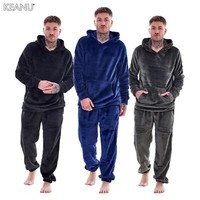 Mens Luxury Flannel Fleece Hooded Pyjamas Twosies Crew Neck Lounge Set Soft Warm