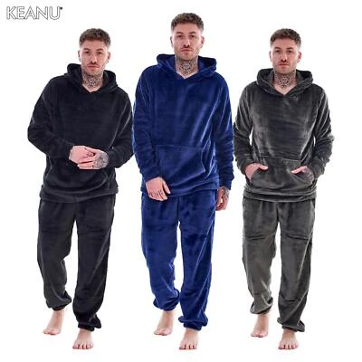 KEANU Mens Luxury Flannel Fleece Hooded Pyjamas Twosies Crew Neck Lounge Set Soft Warm