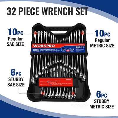 WORKPRO 32PC Combination Wrench Set w/Tray SAE&Metric 12 PT Regular Wrenches set