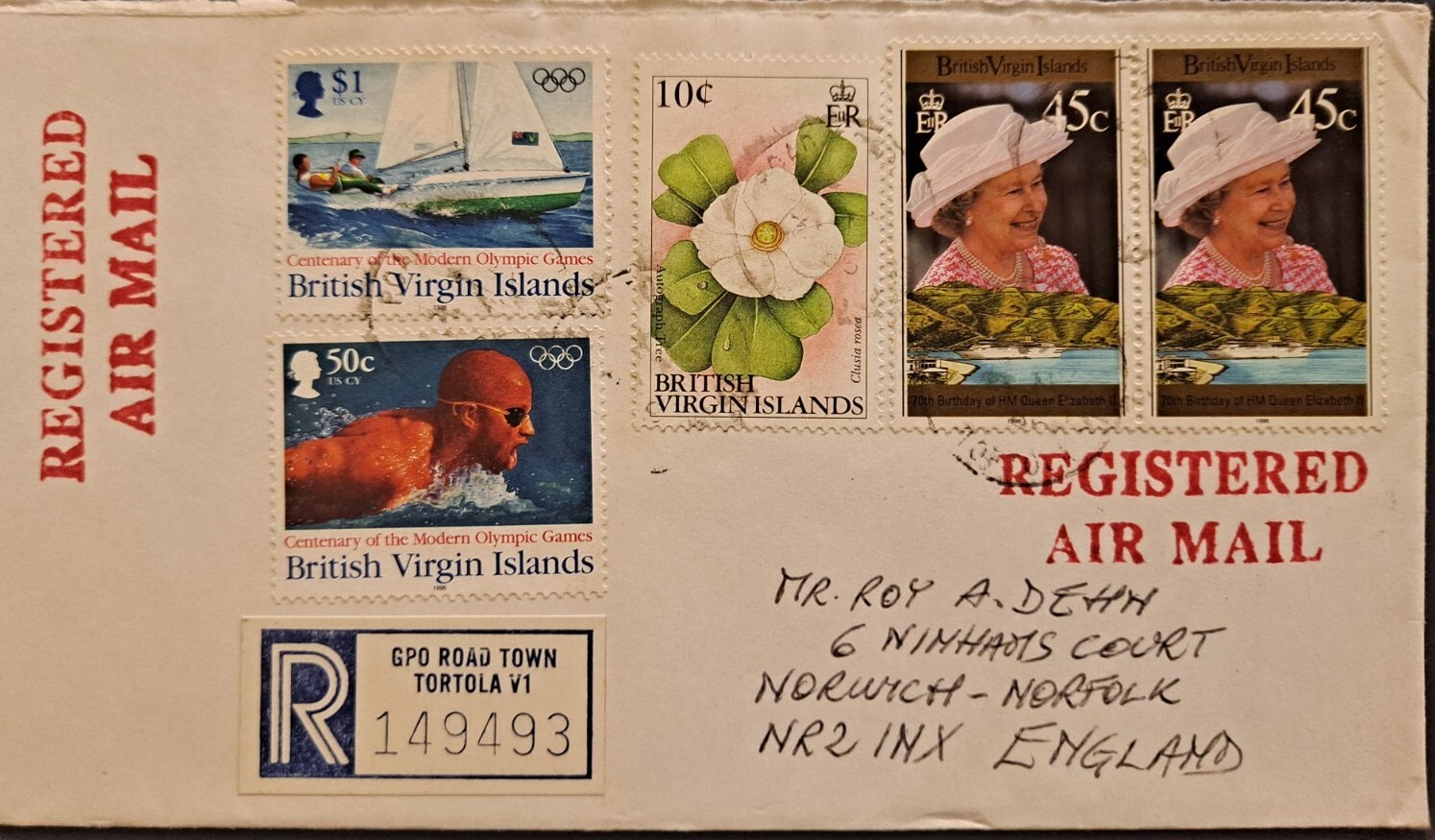 Virgin Islands 1996 Tortola Norwich GB Registered Postal History C10