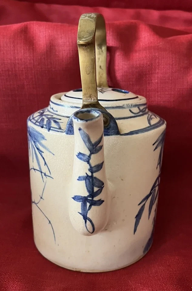 Dirty Dish Tea Kettle Solid Brass Handle Bamboo Handpainted England Antique RARE - Image 4 of 4