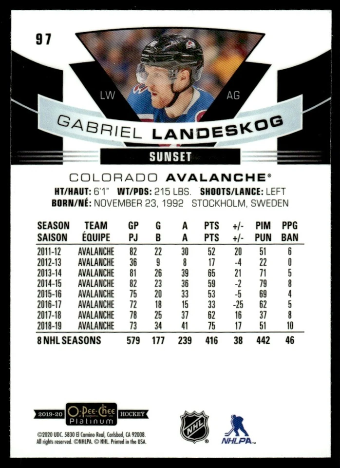 2019-20 O-Pee-Chee Platinum Sunset Gabriel Landeskog Colorado Avalanche #97 - Image 2 of 2