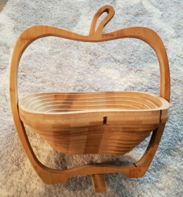 Apple Shape Bamboo Wood Spiral Cut Basket Collapsible Centerpiece Bowl or Trivet