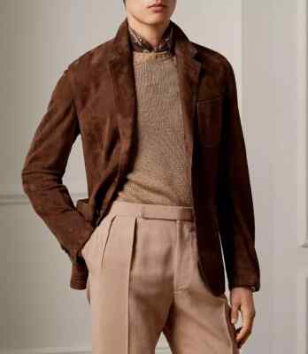 Mens Brown Suede Leather Blazer Pure Suede 2 Button Custom Made 