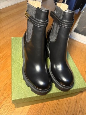 Gucci Black Leather Women's Logo Strap Platform High Heel Chelsea Boots-Size 40