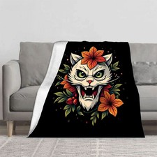 Fierce Cat Vibrant Floral Design Flannel Blanket - Soft Cozy Durable for Sofa