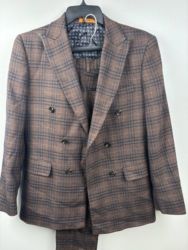 Double Breasted Steven Land Suit Brown/Black Plaid Style 40R Tapered Pants 34x27 - Image 2 of 4