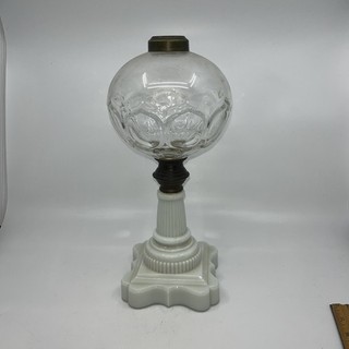 Antique KEROSENE/WHALE OIL LAMP Milk Glass Base Clear Glass w/Bullseye Pattern
