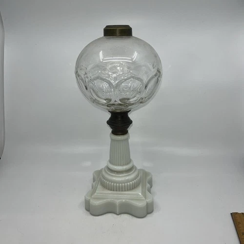 Antique KEROSENE/WHALE OIL LAMP- Milk Glass Base-Clear Glass w/Bullseye Pattern