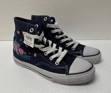 Airwalk Navy Denim Embroidered Flowers Lace Up High Top Shoes Womens Sz 8.5 NEW