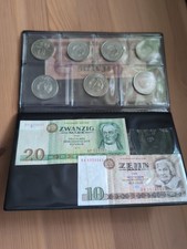 DDR 20, 10, Mark Geldstücke Konvolut und 10, 20, 50 Mark Scheine