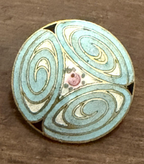 Vintage Robin Egg Blue Swirl & Pink Flower Enamel Button 7/8" (D1)