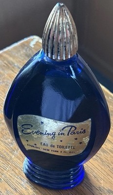 Vtg. Bourjois Evening In Paris Eau de Toilette 2 fl. oz. Cobalt Glass Full