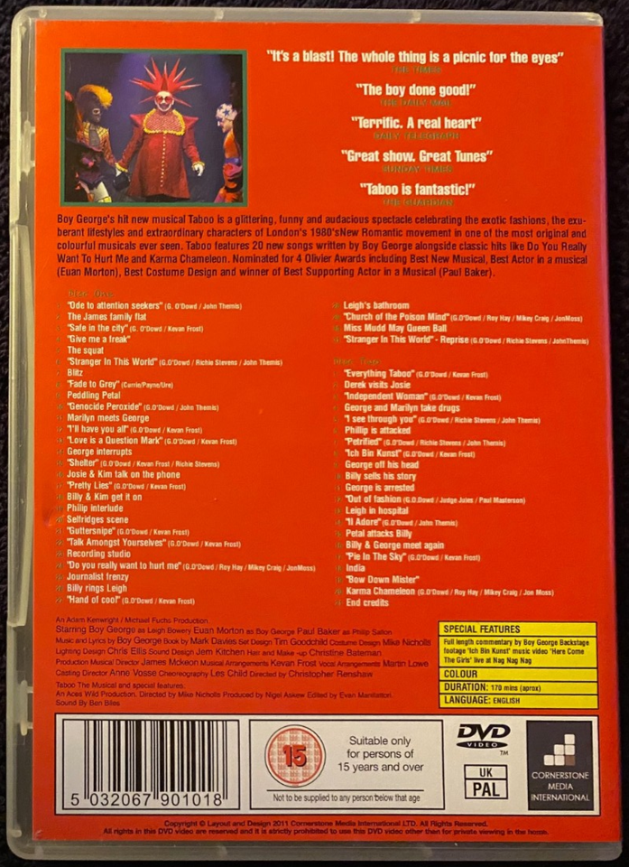 Taboo-The Musical DVD (2003 Christopher Renshaw) Boy George Paul Baker ...
