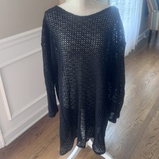 Jordan Taylor Black Open Knit Crochet Tunic Top One Size Made in USA 100% Cotton