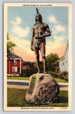 Vintage Linen Massasoit Statue Postcard Plymouth MA 1940 White Border
