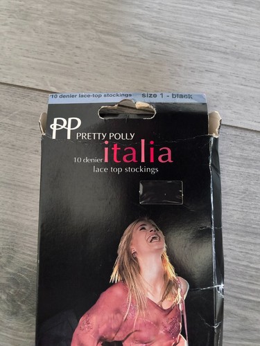 BNIP Vintage Pretty Polly Italia Black 10 Denier Lace Top Stockings Size 1 - S/M - Picture 2 of 8