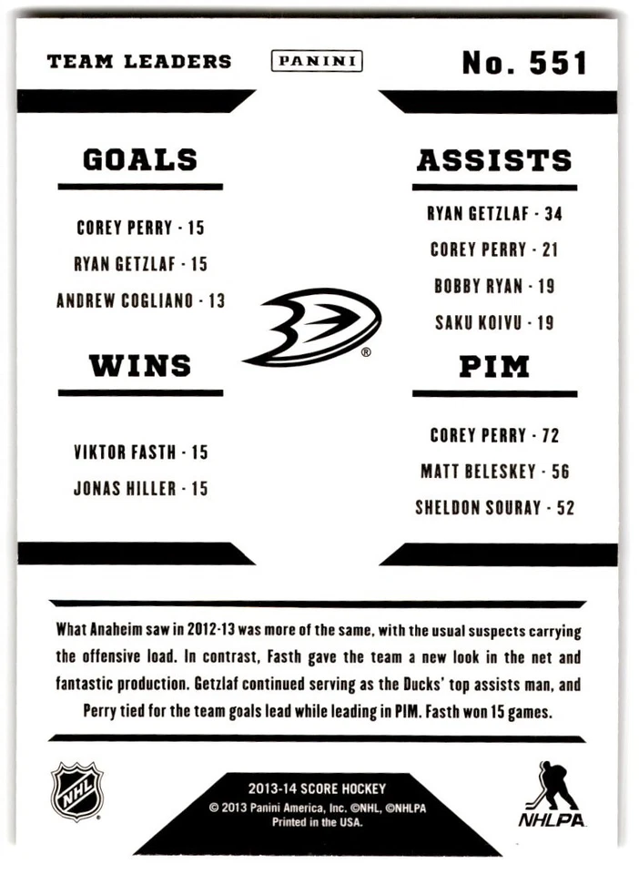 2013-14 Score Team Leaders Gold Corey Perry/Ryan Getzlaf/Viktor Fasth #551 - Image 2 of 2