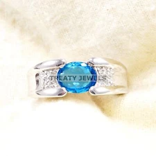 Blue Topaz Oval Cut Gemstone With 925 Sterling Silver Ring For Men's #A914 *