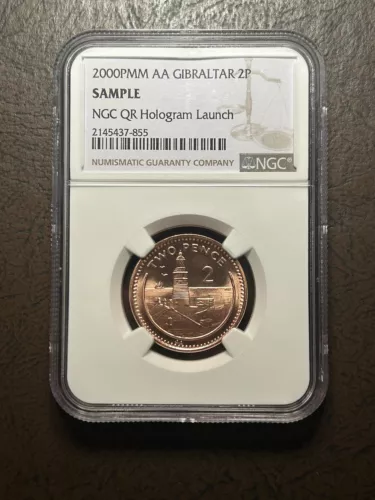 2000PMM AA Gibraltar 2 Pence NGC Sample Slab BU, NGC QR HOLOGRAM LAUNCH 2023 ANA
