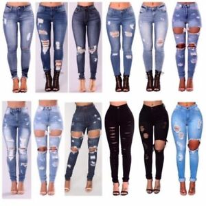 Womens Ripped Jeans Black White High Waisted Jeggings Trousers Knee Skinny Size