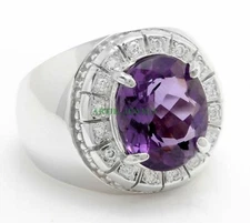 Natural Amethyst Gemstone with 14K White Gold Plated Silver Ring for Men's #18