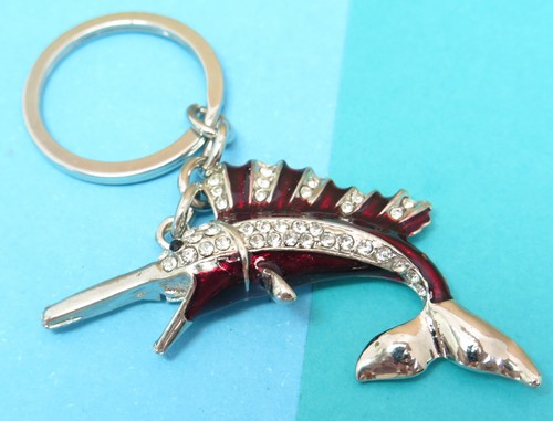 Swordfish Decorative Keychain Silver Tone Rhinestone Burgundy Enamel 2-1/2" - Picture 3 of 6