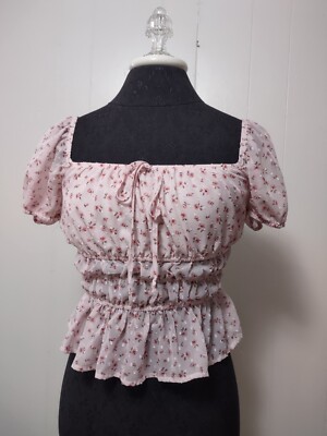 Mi Ami Francesca's Peplum Floral Smocked Cottagecore Blouse Top Women's Small 
