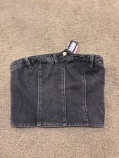 NWT Pretty Little Thing Light Black Acid Wash Seam Detail Corset Denim Top Sz 0