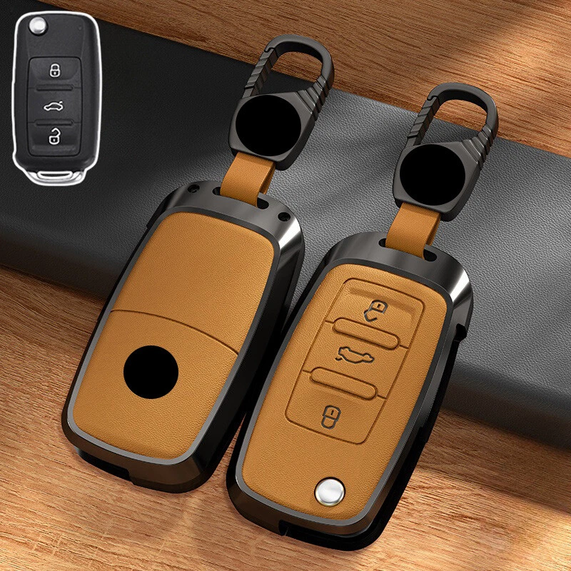 Aluminum Alloy Leather Car Key Case Cover For VW Tiguan Jetta Passat Golf Beetle Foto 3 de 4