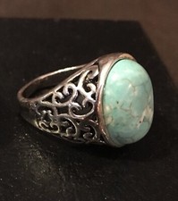 Turquoise Size 7/8 Native Silvertone Ring Style Round Filigree Rope Beautiful