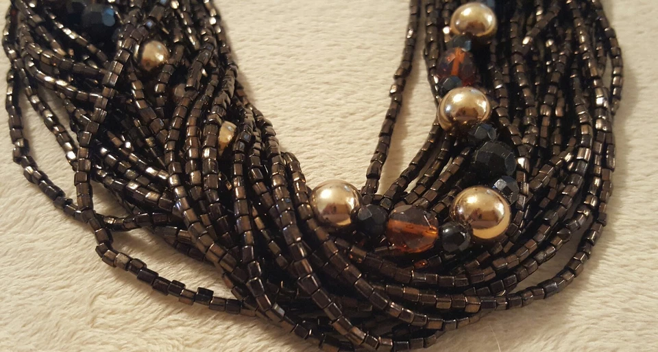 Multi Strand Beaded Necklace Bronze Brown Black Statement Dressy - Image 3 of 4