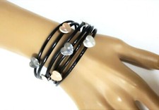 MULTI BRUSHED SILVER,ROSE GOLD HEARTS,BLACK GENUINE LEATHER CORD CHARM BRACELET 