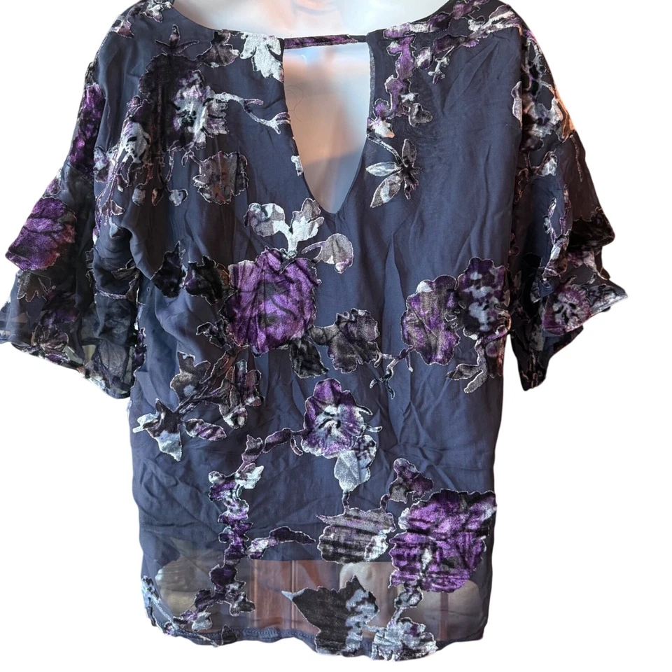 Blusa Top Blusa LILY WHITE Manga Volantes Gasa Terciopelo Floral Negra Talla Pequeña Foto 2 de 4