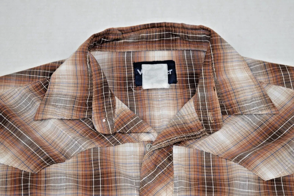 Винтажная западная рубашка Wrangler размер L/XL 90-е коричневая тень клетчатая тонкая на кнопках - Изображение 3 из 4